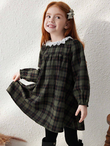 Blossori Young Girls Elegant French Style Plaid Stitching Floral Lace Trim Loose Long Sleeve Dress, Autumn/Winter