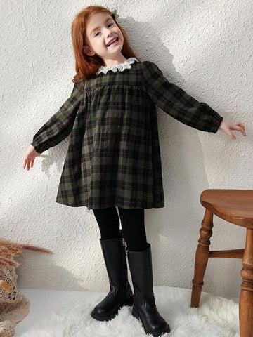 Blossori Young Girls Elegant French Style Plaid Stitching Floral Lace Trim Loose Long Sleeve Dress, Autumn/Winter