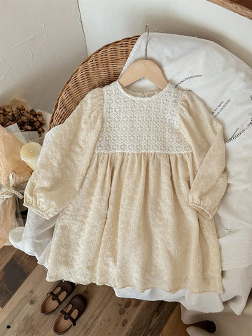 Blossori Young Girls Elegant French Style White Lace Patchwork Embroidery Loose Woven Dress, Autumn/Winter