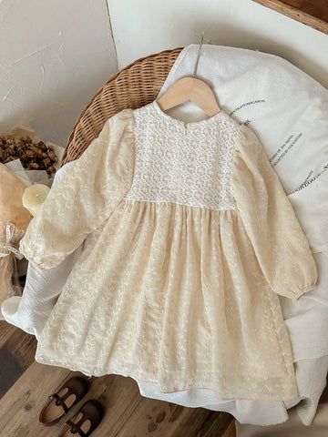 Blossori Young Girls Elegant French Style White Lace Patchwork Embroidery Loose Woven Dress, Autumn/Winter