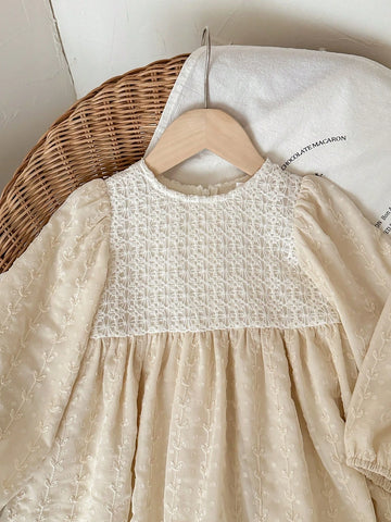 Blossori Young Girls Elegant French Style White Lace Patchwork Embroidery Loose Woven Dress, Autumn/Winter