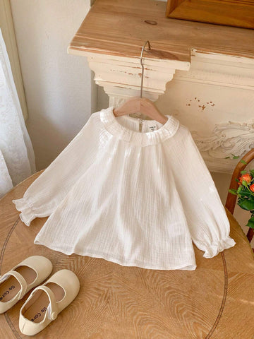 Blossori Young Girls Elegant French Style White Lace Trim Loose Long Sleeve Blouse, Autumn/Winter