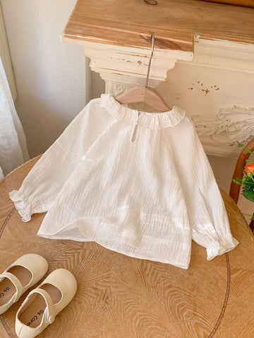 Blossori Young Girls Elegant French Style White Lace Trim Loose Long Sleeve Blouse, Autumn/Winter