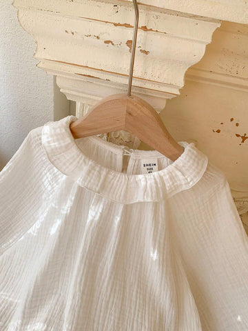 Blossori Young Girls Elegant French Style White Lace Trim Loose Long Sleeve Blouse, Autumn/Winter