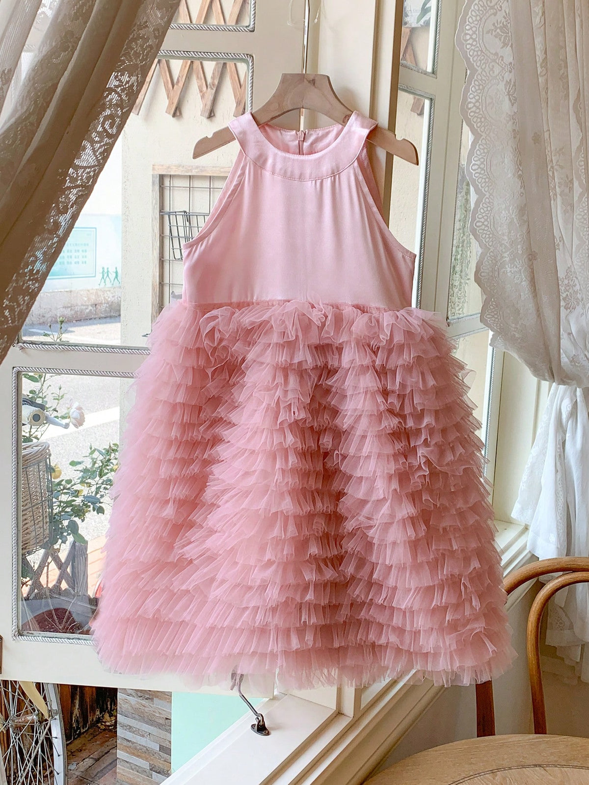 Blossori Young Girls' Elegant French Tulle Puff Dress, Pink, Spring/Summer