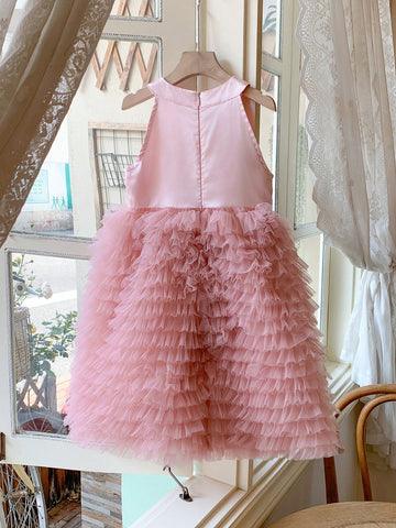 Blossori Young Girls' Elegant French Tulle Puff Dress, Pink, Spring/Summer