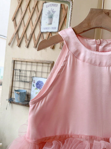 Blossori Young Girls' Elegant French Tulle Puff Dress, Pink, Spring/Summer