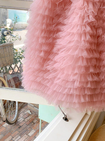 Blossori Young Girls' Elegant French Tulle Puff Dress, Pink, Spring/Summer