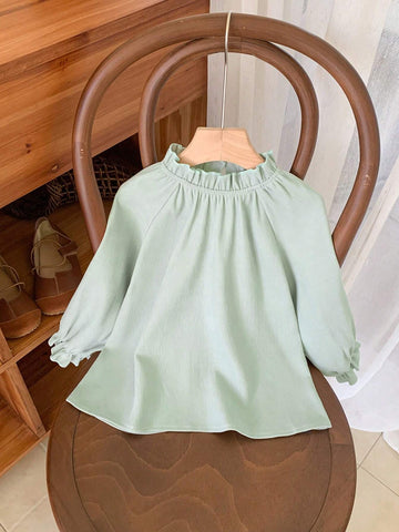 Blossori Young Girls Elegant Green Ruffle Trim Loose Fit Crew Neck Long Sleeve Blouse, Autumn/Winter