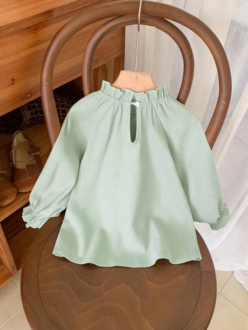 Blossori Young Girls Elegant Green Ruffle Trim Loose Fit Crew Neck Long Sleeve Blouse, Autumn/Winter