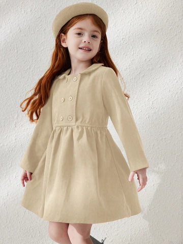 Blossori Young Girls Elegant Minimalist Red Double-Breasted Velvet Collar Long Sleeve Dress, Autumn/Winter