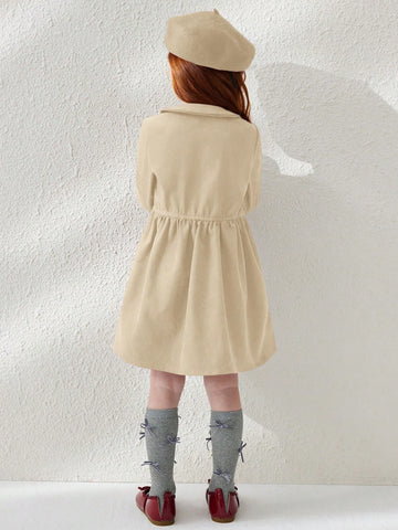 Blossori Young Girls Elegant Minimalist Red Double-Breasted Velvet Collar Long Sleeve Dress, Autumn/Winter