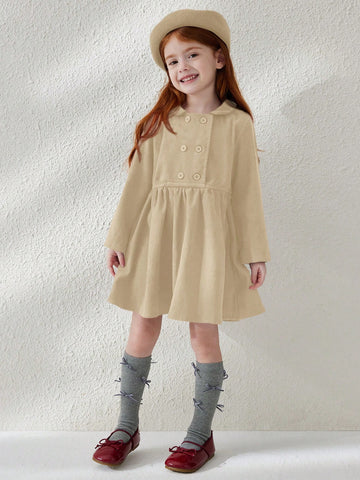 Blossori Young Girls Elegant Minimalist Red Double-Breasted Velvet Collar Long Sleeve Dress, Autumn/Winter