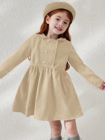 Blossori Young Girls Elegant Minimalist Red Double-Breasted Velvet Collar Long Sleeve Dress, Autumn/Winter