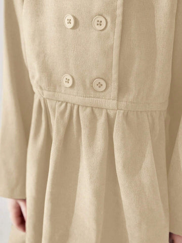 Blossori Young Girls Elegant Minimalist Red Double-Breasted Velvet Collar Long Sleeve Dress, Autumn/Winter