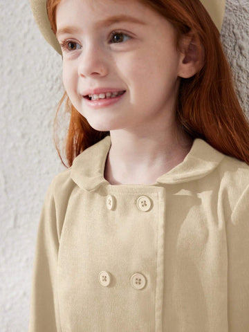 Blossori Young Girls Elegant Minimalist Red Double-Breasted Velvet Collar Long Sleeve Dress, Autumn/Winter