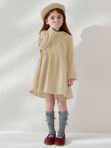 Blossori Young Girls Elegant Minimalist Red Double-Breasted Velvet Collar Long Sleeve Dress, Autumn/Winter