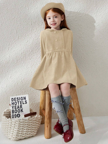 Blossori Young Girls Elegant Minimalist Red Double-Breasted Velvet Collar Long Sleeve Dress, Autumn/Winter