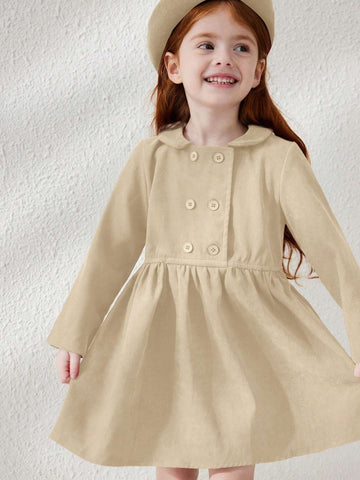 Blossori Young Girls Elegant Minimalist Red Double-Breasted Velvet Collar Long Sleeve Dress, Autumn/Winter