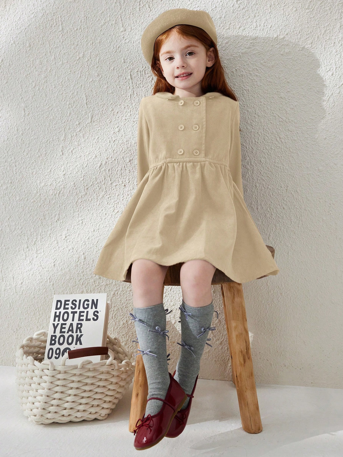 Blossori Young Girls Elegant Minimalist Red Double-Breasted Velvet Collar Long Sleeve Dress, Autumn/Winter