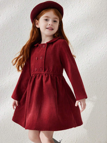 Blossori Young Girls' Elegant Minimalist Red Double-Breasted Velvet Collar Long Sleeve Dresses, Autumn/Winter