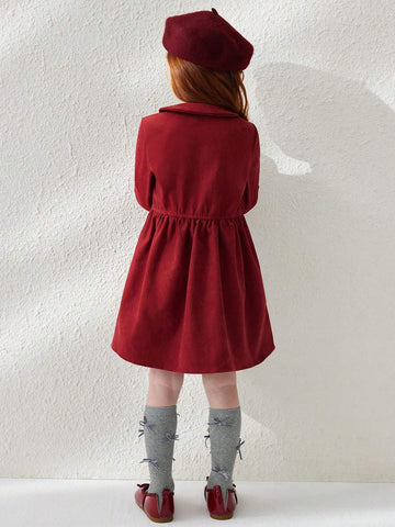 Blossori Young Girls' Elegant Minimalist Red Double-Breasted Velvet Collar Long Sleeve Dresses, Autumn/Winter