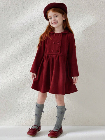 Blossori Young Girls' Elegant Minimalist Red Double-Breasted Velvet Collar Long Sleeve Dresses, Autumn/Winter