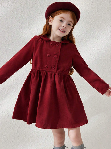 Blossori Young Girls' Elegant Minimalist Red Double-Breasted Velvet Collar Long Sleeve Dresses, Autumn/Winter