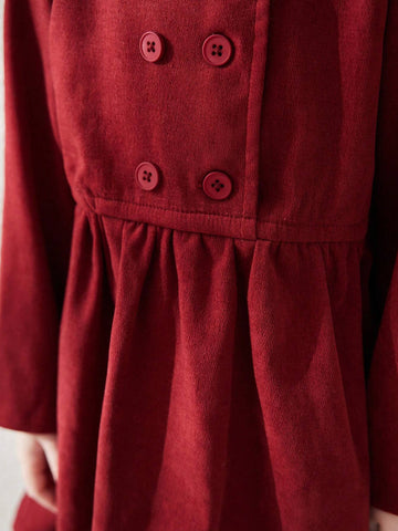 Blossori Young Girls' Elegant Minimalist Red Double-Breasted Velvet Collar Long Sleeve Dresses, Autumn/Winter