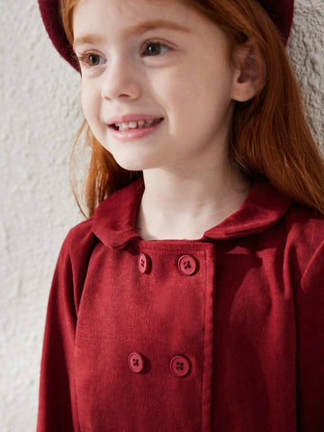 Blossori Young Girls' Elegant Minimalist Red Double-Breasted Velvet Collar Long Sleeve Dresses, Autumn/Winter