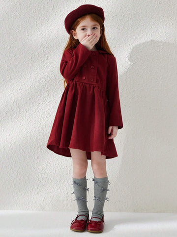 Blossori Young Girls' Elegant Minimalist Red Double-Breasted Velvet Collar Long Sleeve Dresses, Autumn/Winter