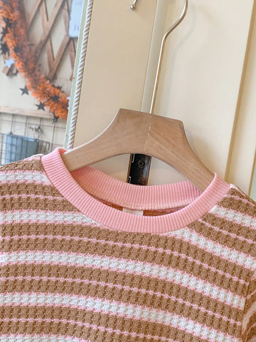 Blossori Young Girls Elegant Pink Floral Jacquard Knitted Loose Round Neck Dress, Autumn/Winter