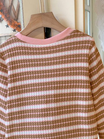 Blossori Young Girls Elegant Pink Floral Jacquard Knitted Loose Round Neck Dress, Autumn/Winter