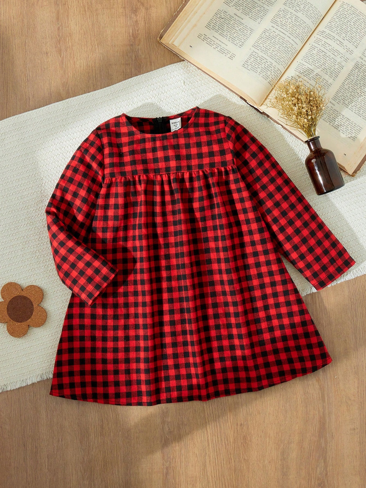 Blossori Young Girls Elegant Plaid Patchwork Woven Fitted Long Sleeve Dress