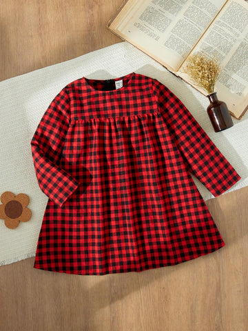 Blossori Young Girls Elegant Plaid Patchwork Woven Fitted Long Sleeve Dress