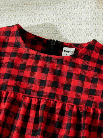 Blossori Young Girls Elegant Plaid Patchwork Woven Fitted Long Sleeve Dress