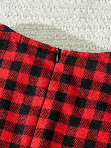 Blossori Young Girls Elegant Plaid Patchwork Woven Fitted Long Sleeve Dress