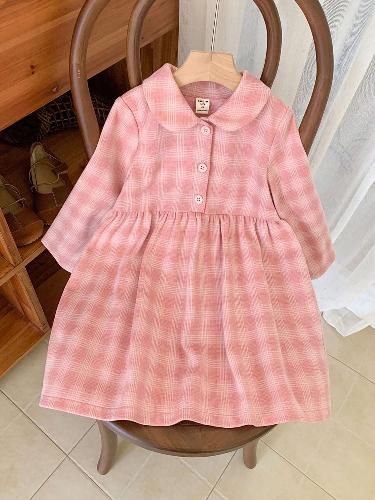 Blossori Young Girls Elegant Red & White Plaid Woven Loose Long Sleeve Dress, Autumn Winter