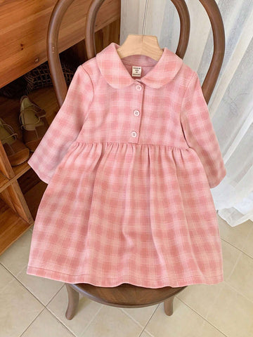 Blossori Young Girls Elegant Red & White Plaid Woven Loose Long Sleeve Dress, Autumn Winter