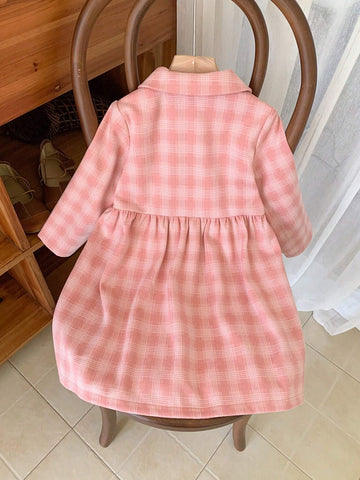 Blossori Young Girls Elegant Red & White Plaid Woven Loose Long Sleeve Dress, Autumn Winter