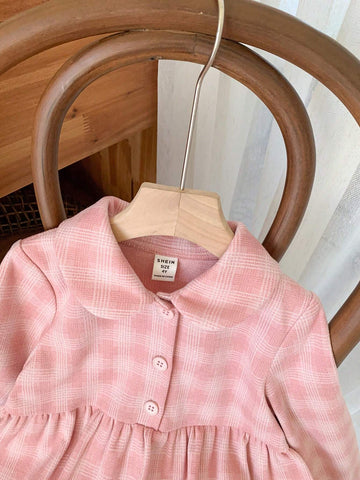 Blossori Young Girls Elegant Red & White Plaid Woven Loose Long Sleeve Dress, Autumn Winter