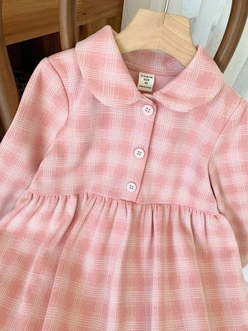 Blossori Young Girls Elegant Red & White Plaid Woven Loose Long Sleeve Dress, Autumn Winter