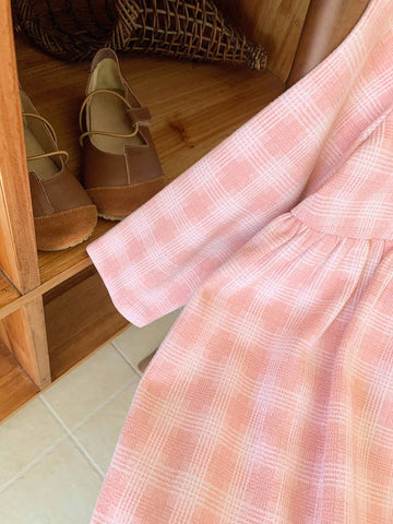 Blossori Young Girls Elegant Red & White Plaid Woven Loose Long Sleeve Dress, Autumn Winter