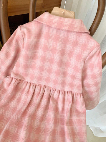 Blossori Young Girls Elegant Red & White Plaid Woven Loose Long Sleeve Dress, Autumn Winter
