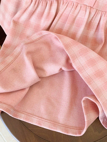 Blossori Young Girls Elegant Red & White Plaid Woven Loose Long Sleeve Dress, Autumn Winter