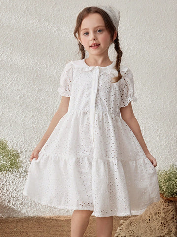 Young Girls Embroidered Cotton Ruffle Sleeve Collared Dress