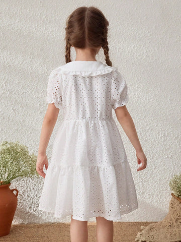 Young Girls Embroidered Cotton Ruffle Sleeve Collared Dress