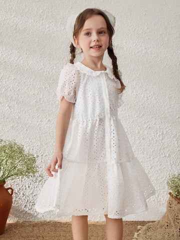 Young Girls Embroidered Cotton Ruffle Sleeve Collared Dress