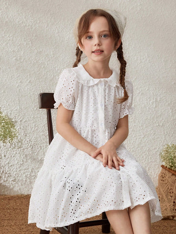 Young Girls Embroidered Cotton Ruffle Sleeve Collared Dress