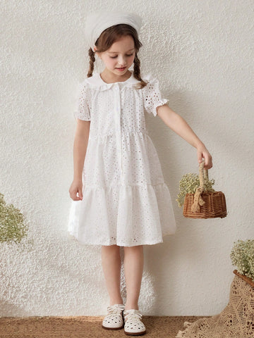 Young Girls Embroidered Cotton Ruffle Sleeve Collared Dress